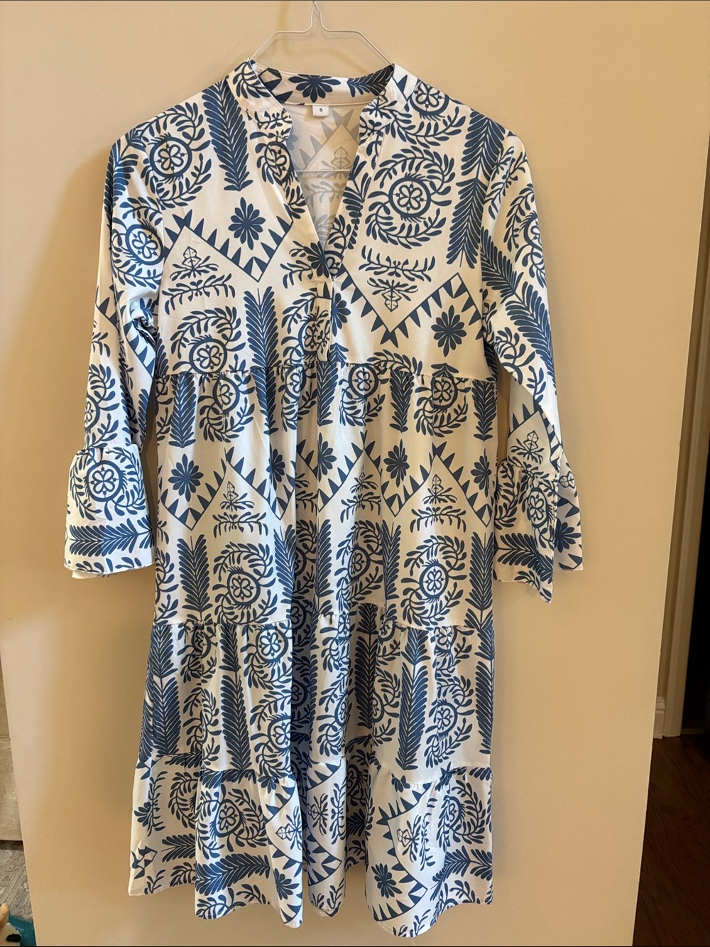 Women’s Blue and White Printed Tiered Dress